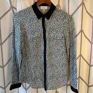 LOFT Blue and White Button-Up Blouse With Black Detail